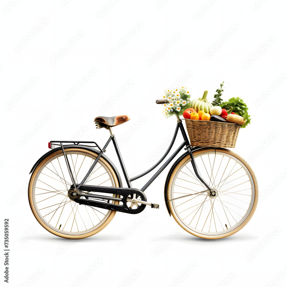 A bicycle leaning against a rustic wall, with a basket of fresh produce and flowers isolated on white background, simple style, png
