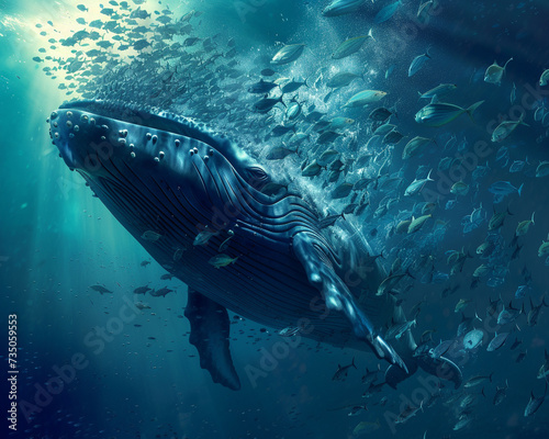 A whale mouth agape surrounded by a shimmering school of small fish a moment of awe in the oceans depths © JR-50