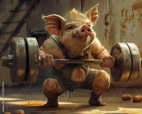 An energetic pig in sports attire lifting heavy dumbbells showcasing its strength photo