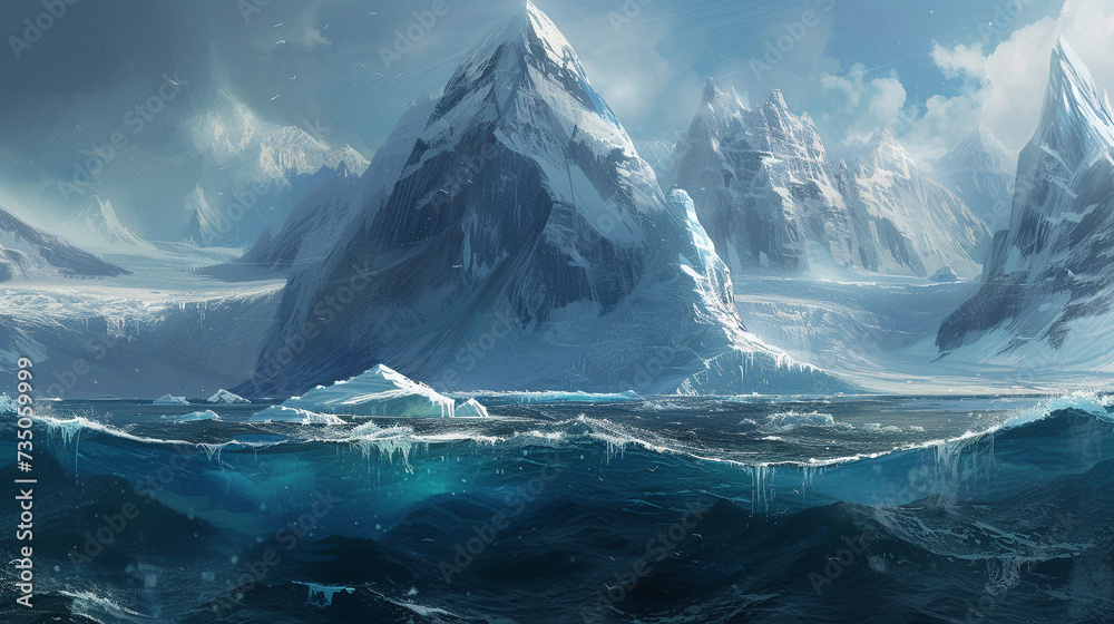 Ice peaks towering above the ocean surface their vast bases hidden beneath the waves a testament to natures hidden strength