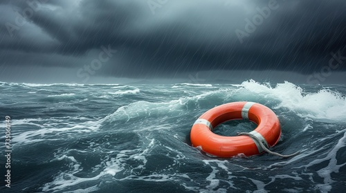 Lifebuoy in stormy sea, 3d render illustration.