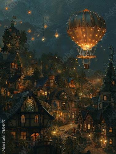 Over a whimsical fairytale town a giant balloon drifts adorned with lights that twinkle like stars