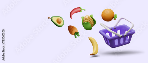 Empty shopping cart, flying vector fruit vegetables. Concept of shopping in grocery store