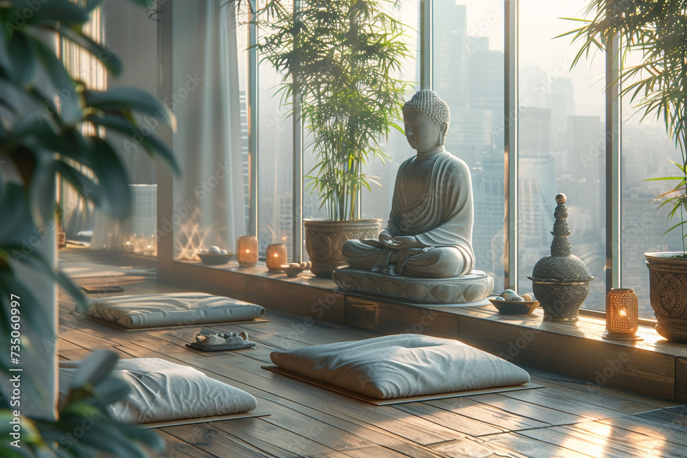 A serene yoga space with bamboo flooring, floor cushions, and a Buddha statue.