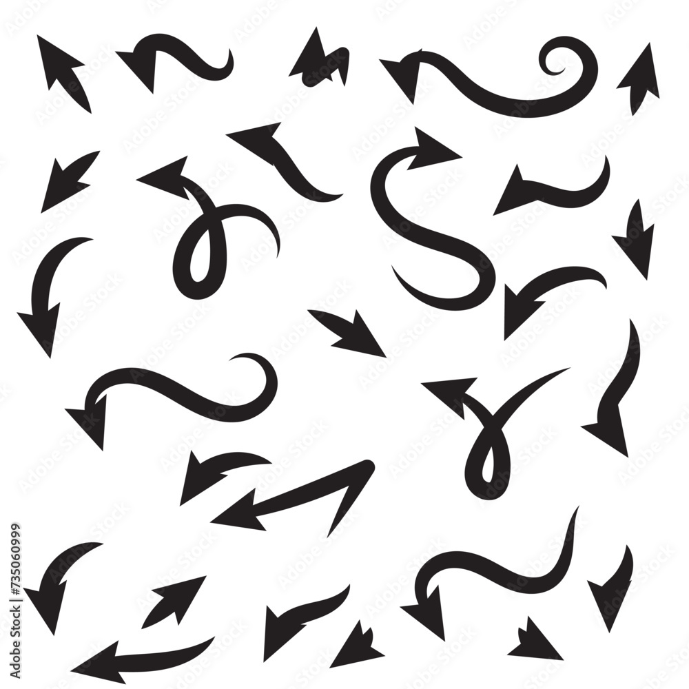 Hand drawn arrows collection Set simple flat arrows isolated on white background. Arrow mark icons and arrow paint. Stock vector Hand drawn arrows collection Set simple flat arrows isolated on white background. Arrow mark icons and arrow paint. Stock vector