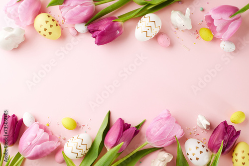 Spring's delight: a top-down shot of pink and purple tulips with colorful eggs and white porcelain bunnies, ideal for vibrant Easter designs