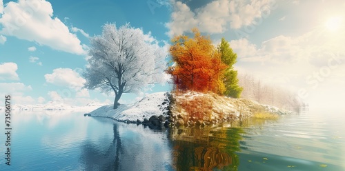 Captivating duality: A surreal landscape with stark summer-winter contrast creating visual allure.