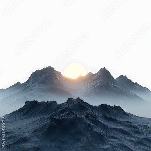Sunrise over a mountain range isolated on white background, realistic, png 
