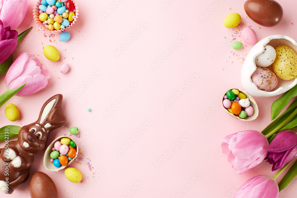Easter pastel charm: Overhead view of pink tulips, a medley of Easter eggs with various designs, and a whimsical chocolate bunny on a pink background, an inviting scene for heartfelt spring wishes