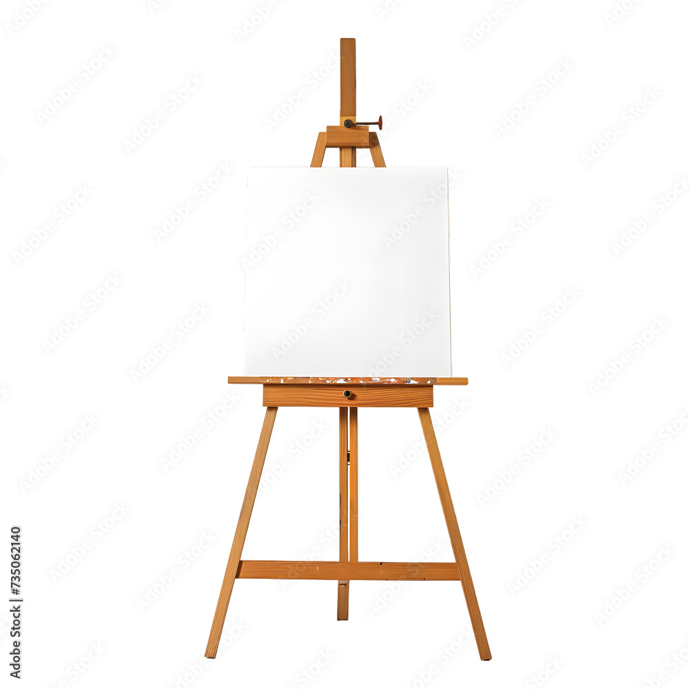 Classic wooden easel with a blank white canvas, standing upright, isolated on a white or transparent background Classic wooden easel with a blank white canvas, standing upright, isolated on a white or transparent background