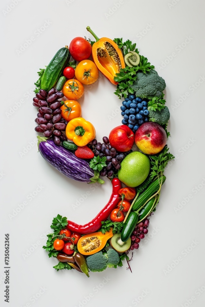 Vibrant number 9 made from colorful fruits and vegetables on a clean white background