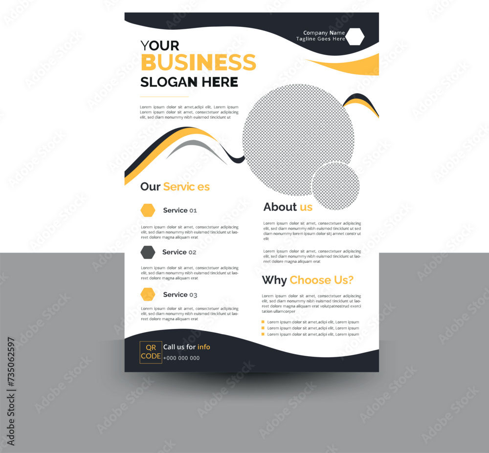 Modern business flyer template layout in A4 size, abstract flyer design in yellow, vector illustration