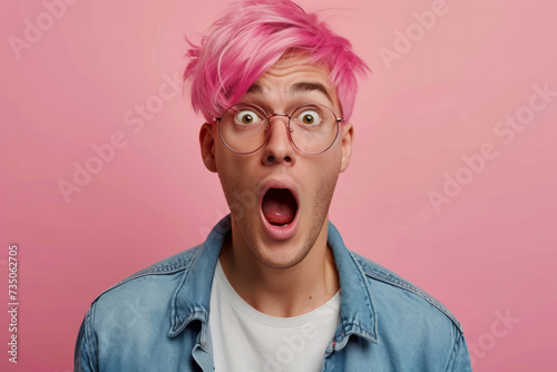surprised and excited young pink hair man is wearing a t-shirt. Shocked surprised teen guy. Excited amazed teenager student boy on light pink background. © Nataliia_Trushchenko