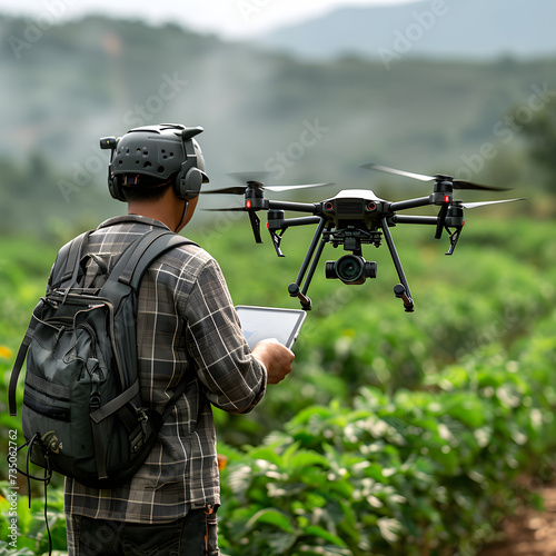 A farmer using a drone to monitor crop health isolated on white background, cinematic, png 