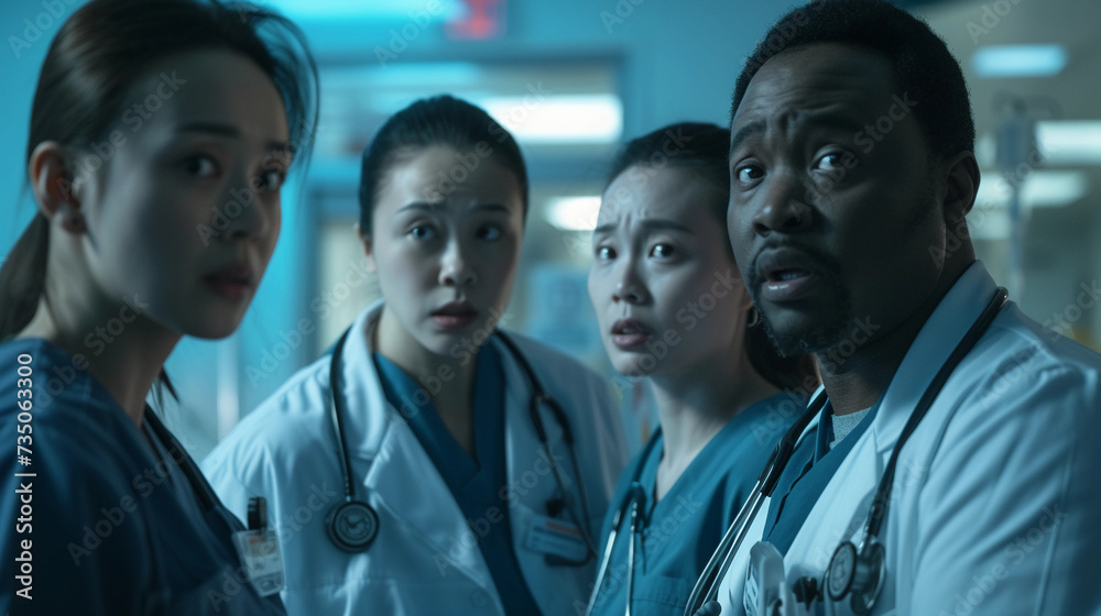 multi-ethnic team of doctors and nurses in a hospital, working together ...