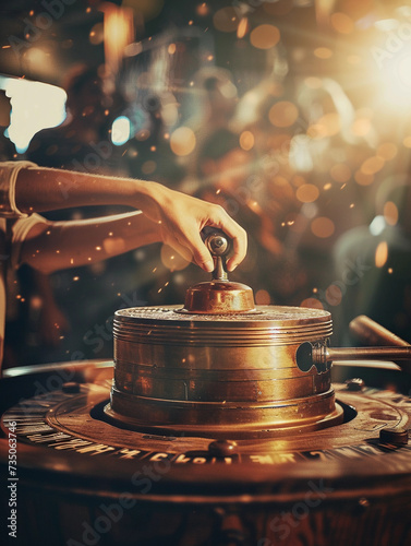 vintage raffle drum being spun, intricate details on the drum, a hand turning it, excitement in the background, retro atmosphere, warm and nostalgic colors photo