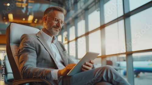 Businessman Waits for a Flight Uses Digital Tablet Computer Sitting in Boarding Lounge of Airline, view from the airport terminal glass window with a view of an airplane.