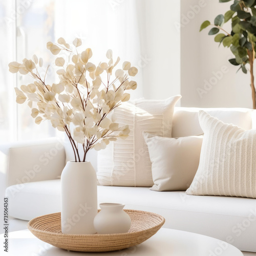 Canvas Print Close up of a sofa, coffee table and plants in a minimalistic living room stagin