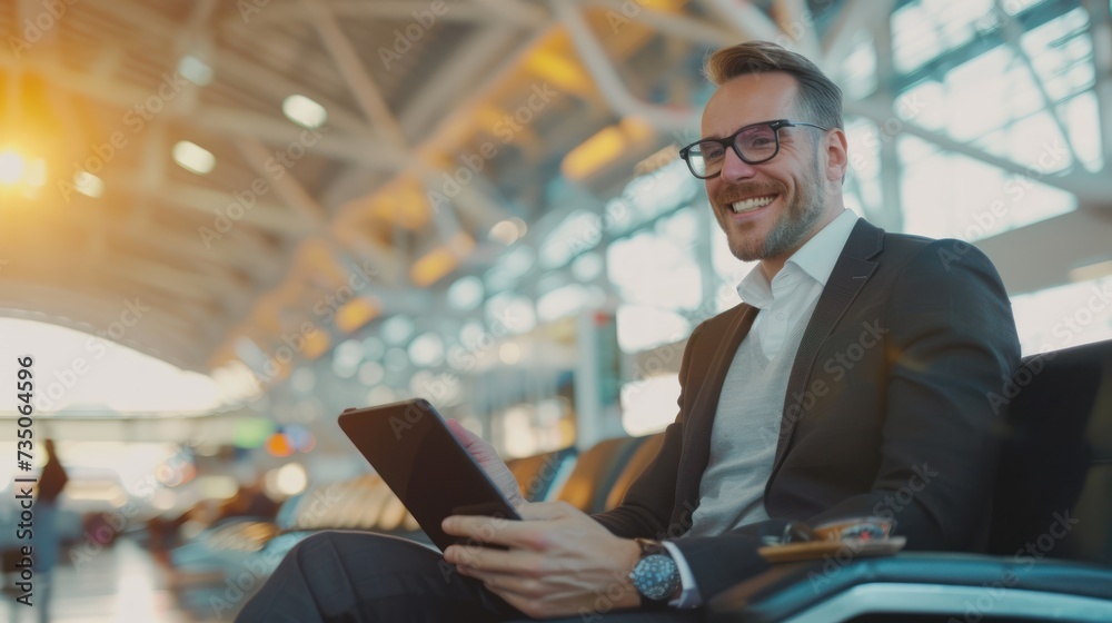 Businessman Waits for a Flight Uses Digital Tablet Computer Sitting in Boarding Lounge of Airline, view from the airport terminal glass window with a view of an airplane. Businessman Waits for a Flight Uses Digital Tablet Computer Sitting in Boarding Lounge of Airline, view from the airport terminal glass window with a view of an airplane.
