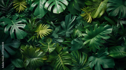Botanical. Jungle leaves background. closeup nature view of green leaf and palms background. Flat lay  dark nature concept  tropical leaf. adventure nature background of green forest  tropical forest.