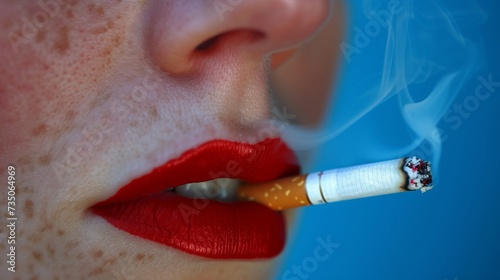 Intense close up of woman smoking cigarette with captivating expression and dramatic lighting