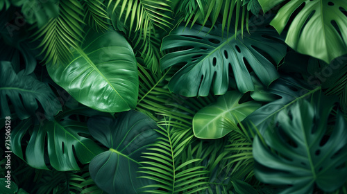 Botanical. Jungle leaves background. closeup nature view of green leaf and palms background. Flat lay, dark nature concept, tropical leaf. adventure nature background of green forest, tropical forest. © Sweetrose official 