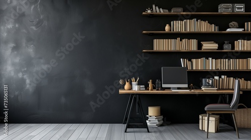 A contemporary workspace with a stylish desk, neatly organized with books and creative tools, against a charcoal black wall, offering a striking backdrop for display. #735065131