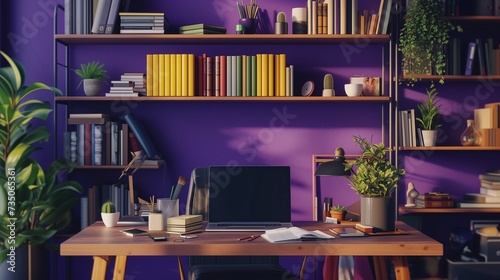 A cozy office corner with a wooden desk, adorned with books and creative supplies, against a deep purple wall, offering a unique backdrop for showcasing.