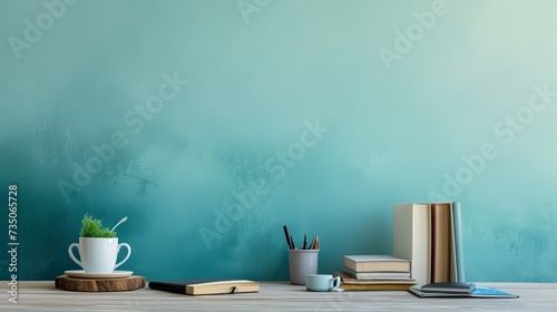 A modern minimalist desk with essential office supplies and books, set against an ombre wall transitioning from light to dark blue, ideal for showcasing text or products.