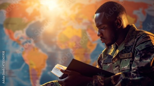 African American navy soldier reading a book with a bright background of a world map