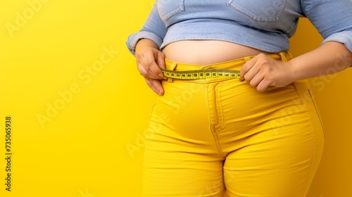 Close up view of overweight woman s fat body with belly fat pad, obesity concept with copy space