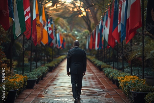 A diplomat strides along a path flanked by national flags, bathed in a soft glow of sunlight filtering through trees, symbolizing a journey through international diplomacy.