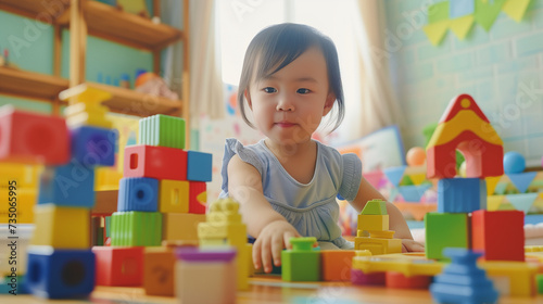 Toddlers at a playdate, engaging in imaginative play with colorful blocks and toys, capturing the interaction and learning, bright and colorful setting to reflect the joy and creativity of childhood