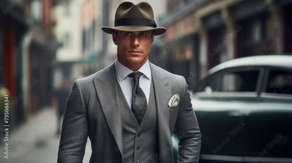 a man wearing a gray suit and hat walks down a street a man wearing a gray suit and hat walks down a street