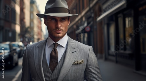 a man wearing a gray suit and hat walks down a street