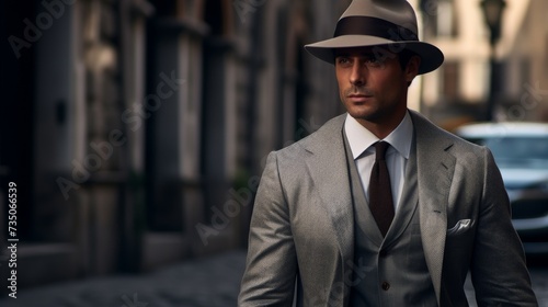 a man wearing a gray suit and hat walks down a street
