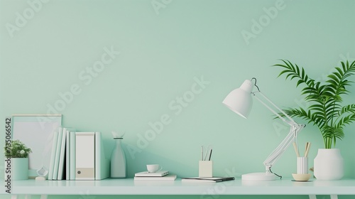 A sleek and simple office setup with a white desk  featuring essential supplies and books  against a mint green wall  offering a fresh and clean space for display.