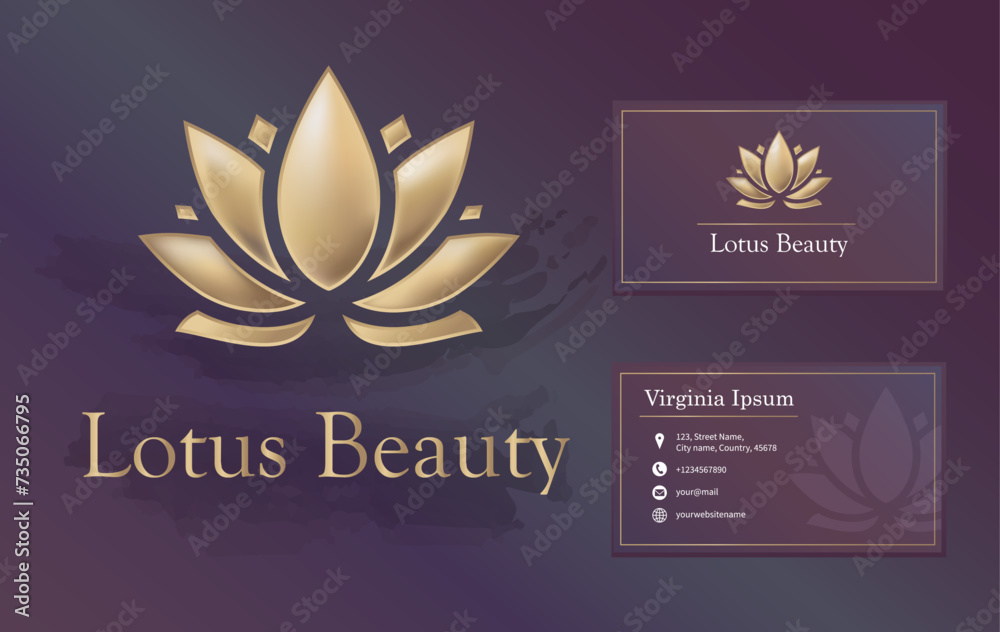 Beauty or spa salon, yoga, wellness, meditation logo with business card design. Lotus luxury gold flower glossy vector logo 
