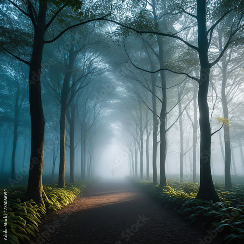 Mysterious forest door in the fog