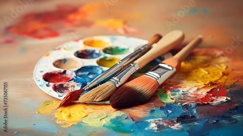 Artist painting palette with brushes. Craft hobby background. Recomforting, destressing hobby, art therapy