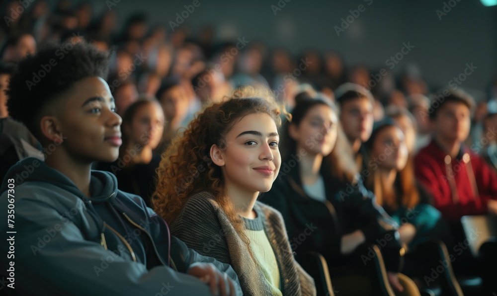 Diverse caucasian and african american students attentively listening to the lecturer in college or university in lecture hall with one person in focus - obrazy, fototapety, plakaty 