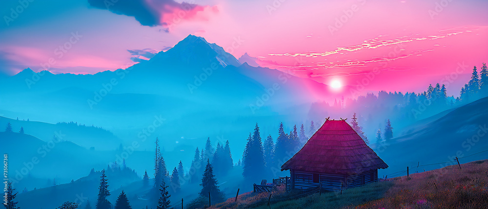 Fototapeta Sunset in mountains, scenic nature landscape with fog, travel and adventure concept, beautiful morning view in wilderness, peaceful scenery