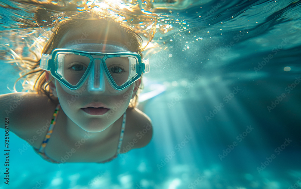 A multiracial woman wearing a mask and goggles swimming confidently in the water.