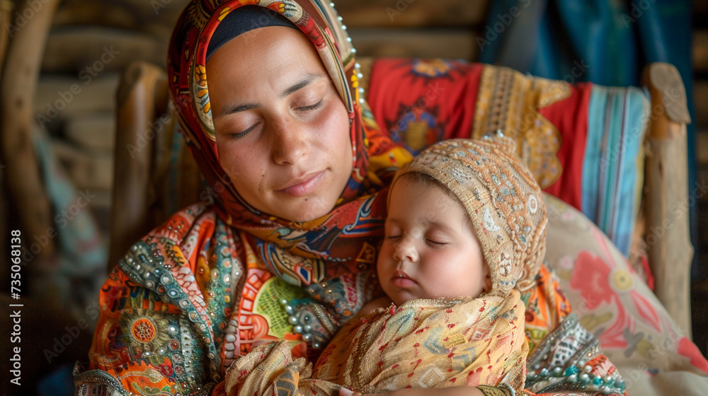 A Middle Eastern mother rocking her baby to sleep in a rocking chair.
