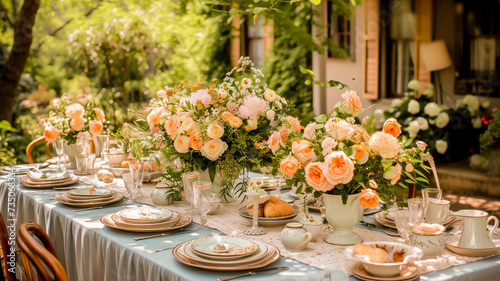 Elegant garden party table setting with floral centerpieces, fine china, and glassware in a serene outdoor setting. photo