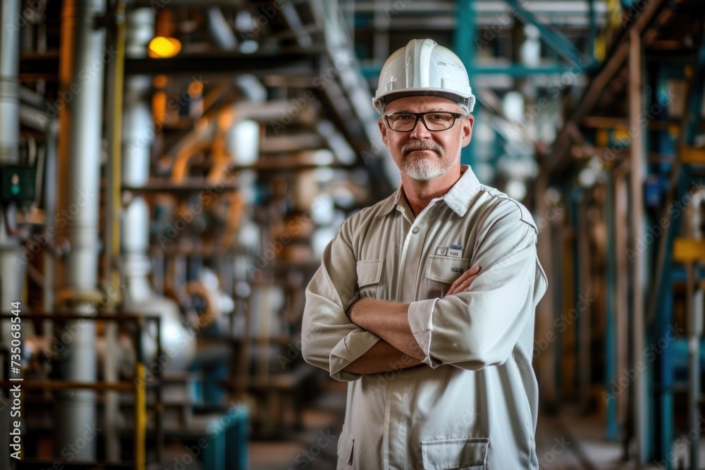 Confident male engineer and work clothes standing in industrial production plant Confident male engineer and work clothes standing in industrial production plant