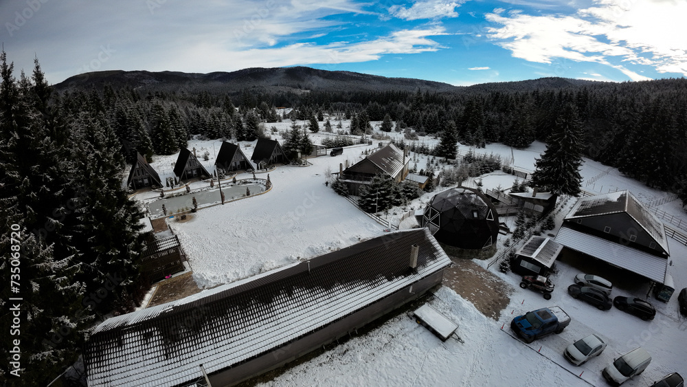 Landscape view from the drone with mountains with snow on Winter in Romania - obrazy, fototapety, plakaty 