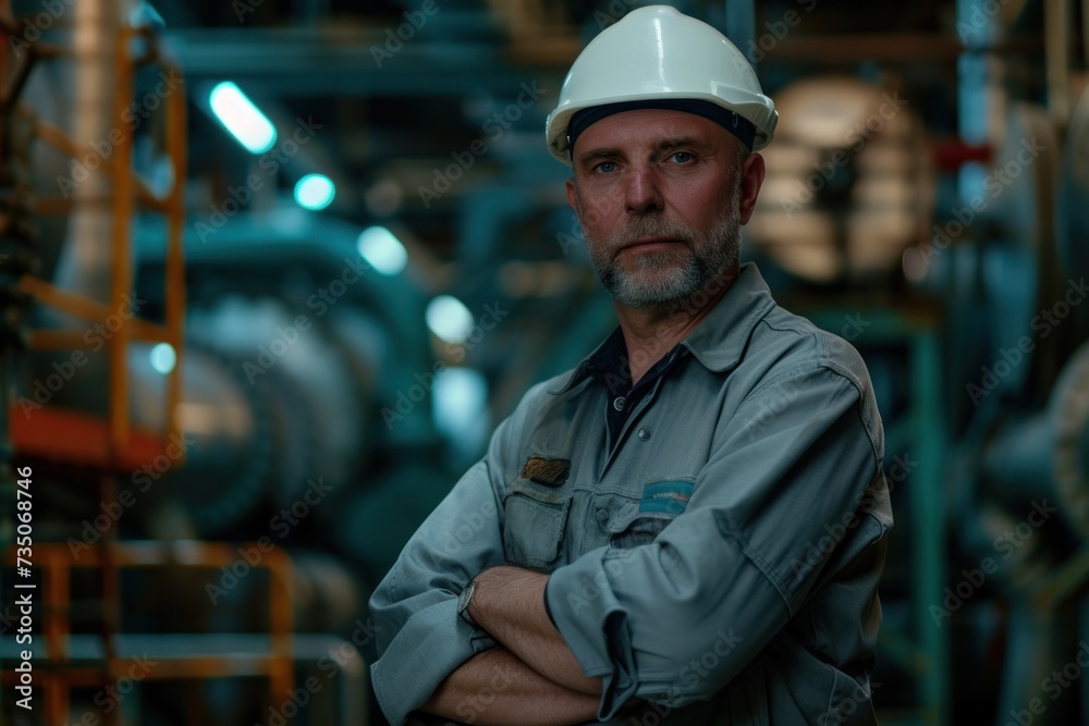 Confident male engineer and work clothes standing in industrial production plant Confident male engineer and work clothes standing in industrial production plant