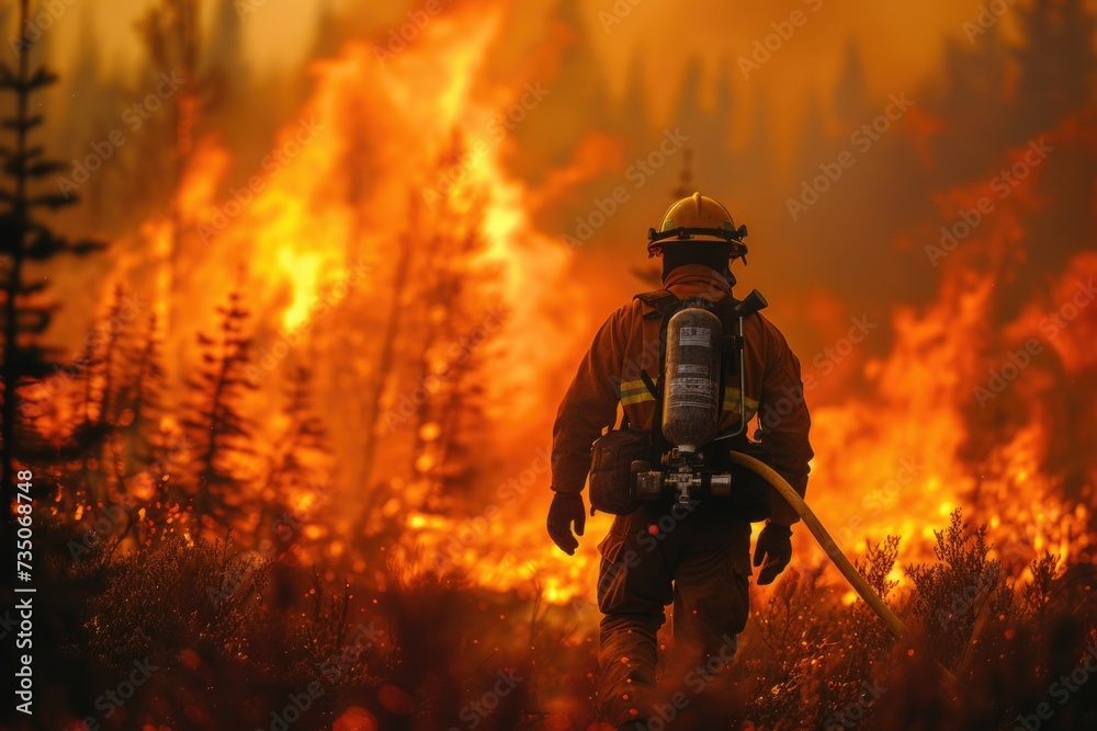 A firefighter in full gear stands against a fierce forest blaze, showcasing the stark contrast of human resilience against nature's fury.
