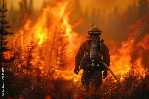 A firefighter in full gear stands against a fierce forest blaze, showcasing the stark contrast of human resilience against nature's fury. © P
